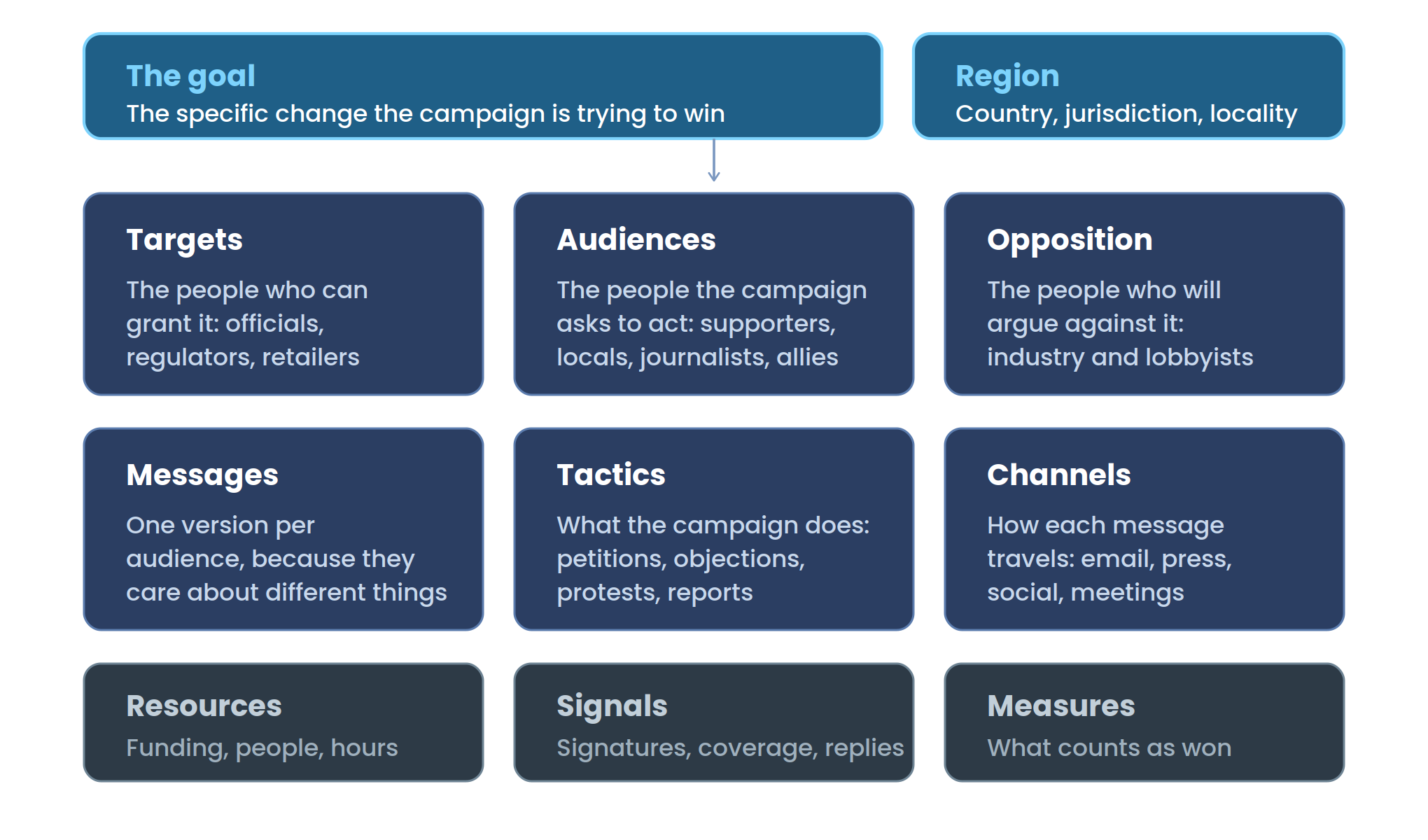 Anatomy of a campaign: goal, region, targets, audiences, opposition, messages, tactics, channels, resources, signals, and measures